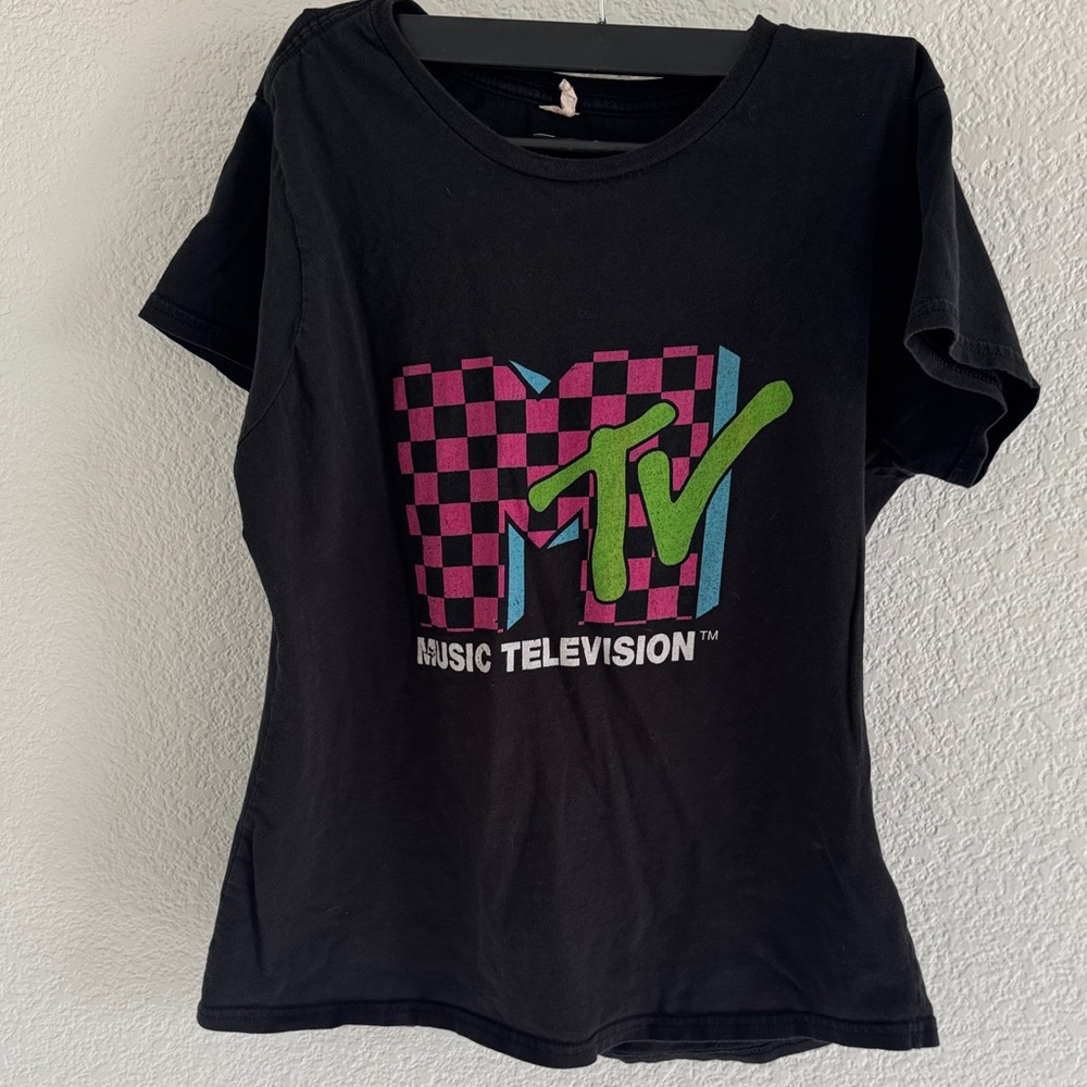 MTV Black Tee with Pink Checker and Green Logo